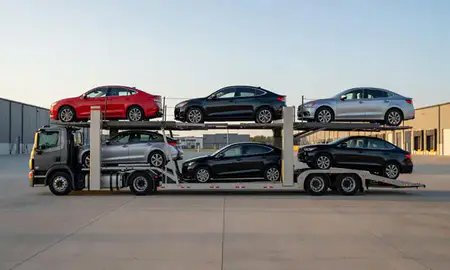 Car transporter parked in an industrial area of Fishers, Indiana, United States