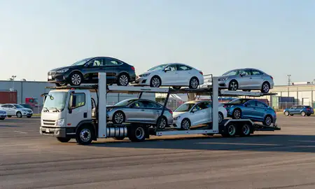 Car transporter loaded with vehicles in Fishers, Indiana, United States