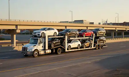 Car transporter with the Fishers, Indiana, United States skyline behind it