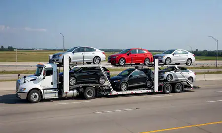 Multi-level car carrier on the highway to Fort Wayne, Indiana, United States