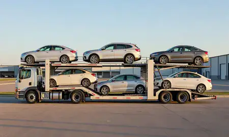 Car transporter parked in an industrial area of Fort Wayne, Indiana, United States