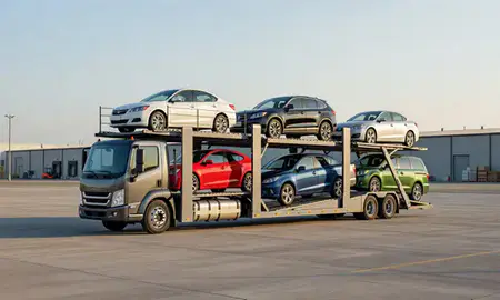 Car transporter loaded with vehicles in Fort Wayne, Indiana, United States