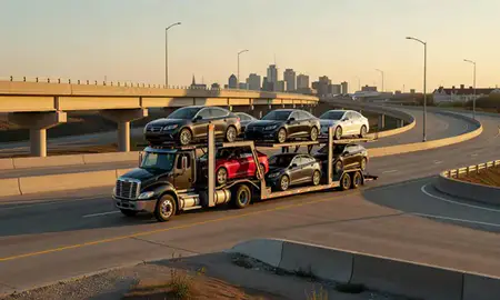 Car transporter with the Fort Wayne, Indiana, United States skyline behind it