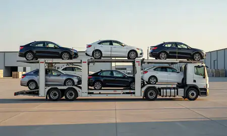 Car transporter parked in an industrial area of Gary, Indiana, United States
