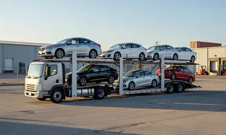 Car transporter loaded with vehicles in Gary, Indiana, United States