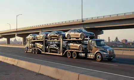 Car transporter with the Gary, Indiana, United States skyline behind it