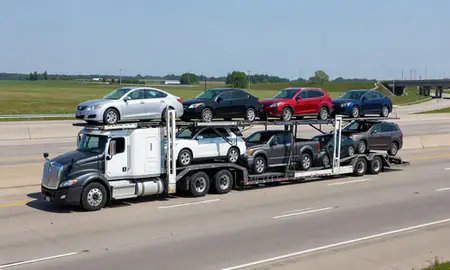 Multi-level car carrier on the highway to Goshen, Indiana, United States
