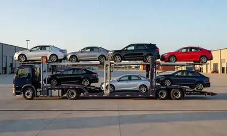 Car transporter parked in an industrial area of Goshen, Indiana, United States