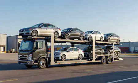 Car transporter loaded with vehicles in Goshen, Indiana, United States