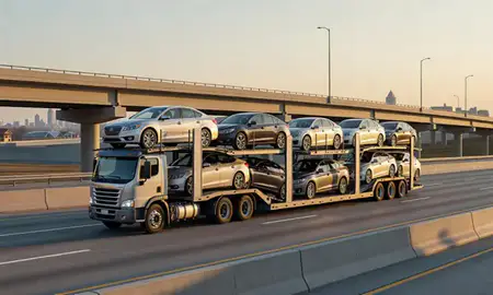 Car transporter with the Goshen, Indiana, United States skyline behind it