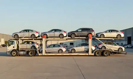 Car transporter parked in an industrial area of Greenwood, Indiana, United States