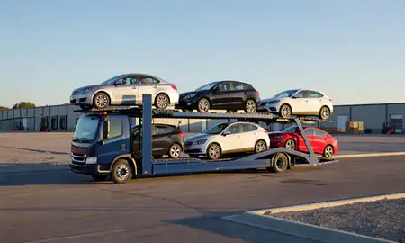 Car transporter loaded with vehicles in Greenwood, Indiana, United States