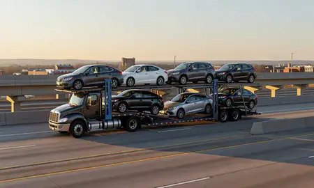 Car transporter with the Greenwood, Indiana, United States skyline behind it
