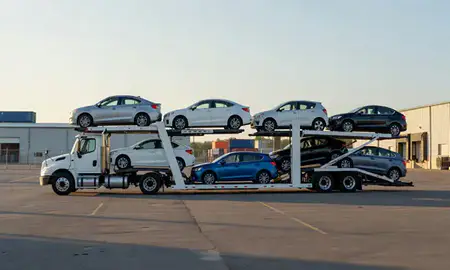 Car transporter loaded with vehicles in Hammond, Indiana, United States