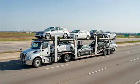 Multi-level car carrier on the highway to Indianapolis, Indiana, United States