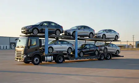 Car transporter loaded with vehicles in Indianapolis, Indiana, United States