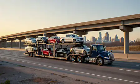 Car transporter with the Indianapolis, Indiana, United States skyline behind it