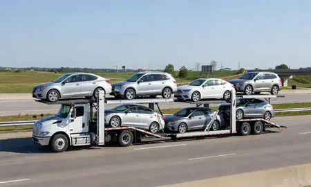 Multi-level car carrier on the highway to Jeffersonville, Indiana, United States