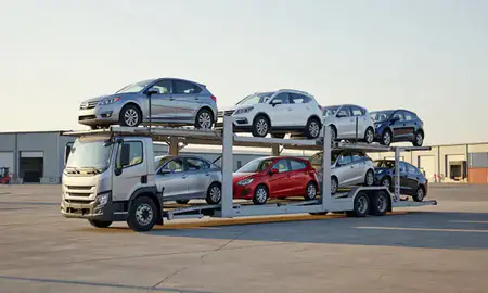 Car transporter loaded with vehicles in Jeffersonville, Indiana, United States