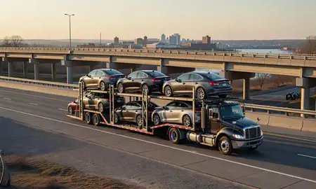Car transporter with the Jeffersonville, Indiana, United States skyline behind it