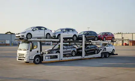 Car transporter loaded with vehicles in Kokomo, Indiana, United States