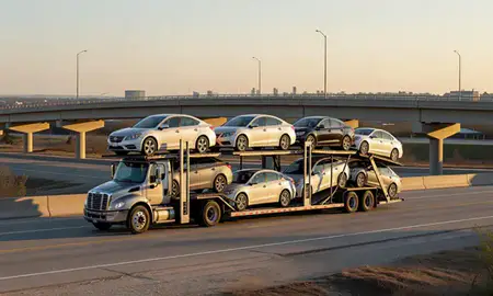 Car transporter with the Kokomo, Indiana, United States skyline behind it