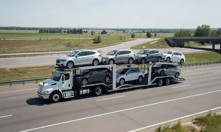 Multi-level car carrier on the highway to Lafayette, Indiana, United States