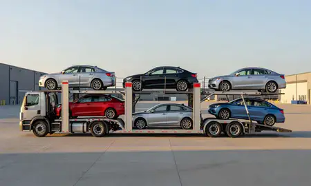 Car transporter parked in an industrial area of Lafayette, Indiana, United States