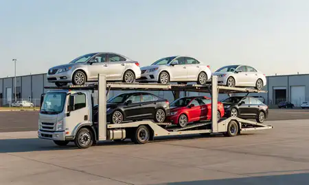 Car transporter loaded with vehicles in Lafayette, Indiana, United States