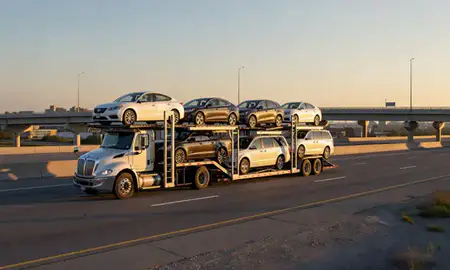Car transporter with the Lafayette, Indiana, United States skyline behind it