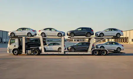 Car transporter parked in an industrial area of Lawrence, Indiana, United States