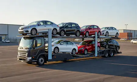 Car transporter loaded with vehicles in Lawrence, Indiana, United States