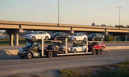 Car transporter with the Lawrence, Indiana, United States skyline behind it