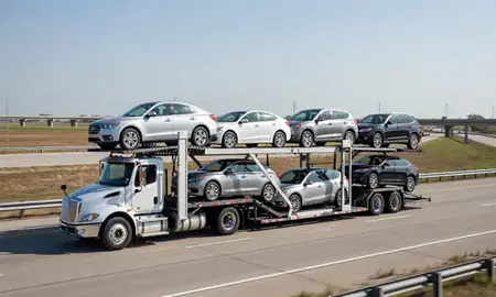 Multi-level car carrier on the highway to Merrillville, Indiana, United States