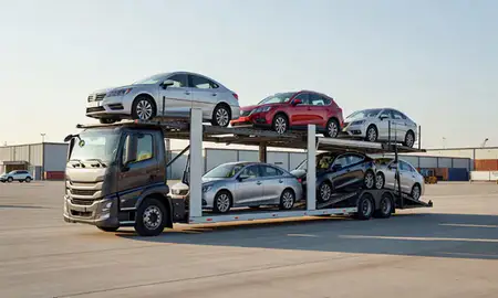 Car transporter loaded with vehicles in Merrillville, Indiana, United States