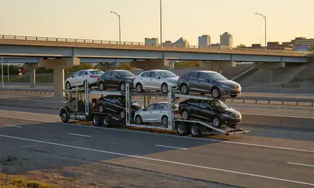 Car transporter with the Merrillville, Indiana, United States skyline behind it