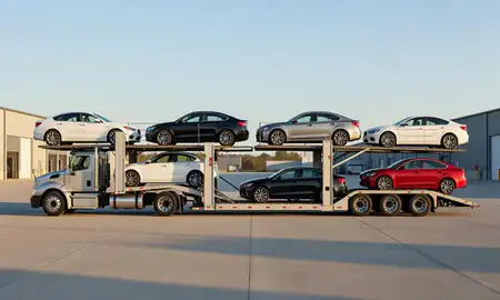Car transporter parked in an industrial area of Michigan City, Indiana, United States