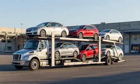 Car transporter loaded with vehicles in Michigan City, Indiana, United States