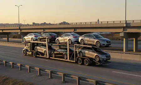 Car transporter with the Michigan City, Indiana, United States skyline behind it