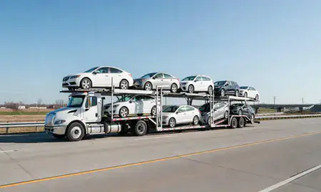 Multi-level car carrier on the highway to Mishawaka, Indiana, United States