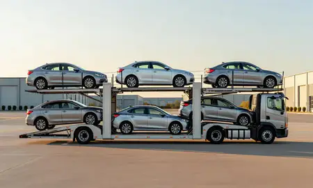 Car transporter parked in an industrial area of Mishawaka, Indiana, United States