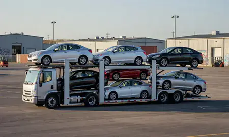 Car transporter loaded with vehicles in Mishawaka, Indiana, United States