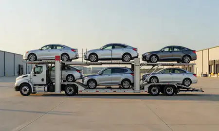Car transporter parked in an industrial area of Muncie, Indiana, United States