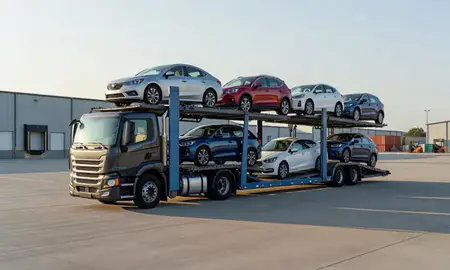 Car transporter loaded with vehicles in Muncie, Indiana, United States