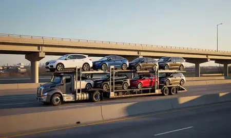 Car transporter with the Muncie, Indiana, United States skyline behind it