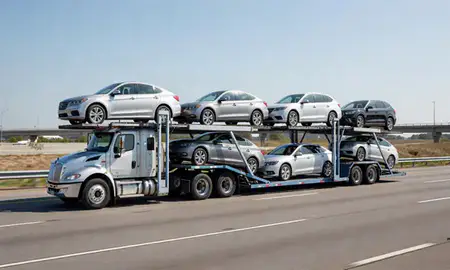 Multi-level car carrier on the highway to New Albany, Indiana, United States