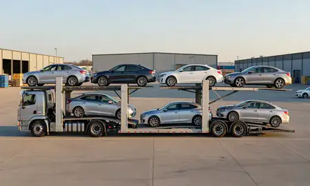 Car transporter parked in an industrial area of New Albany, Indiana, United States