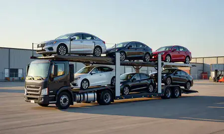 Car transporter loaded with vehicles in New Albany, Indiana, United States