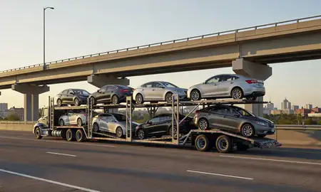 Car transporter with the New Albany, Indiana, United States skyline behind it