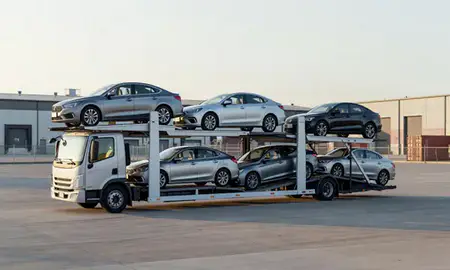 Car transporter loaded with vehicles in Noblesville, Indiana, United States